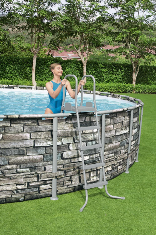Каркасный бассейн Bestway Power Steel 671x132см "Камень" 40377л, фил.-нас. 9463л/ч, лестн., тент, попл.-доз (56889 BW)