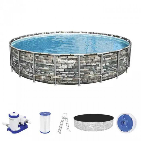 Каркасный бассейн Bestway Power Steel 671x132см "Камень" 40377л, фил.-нас. 9463л/ч, лестн., тент, попл.-доз (56889 BW)