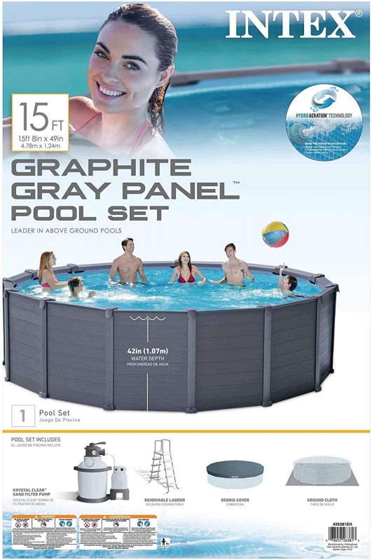 Каркасный бассейн 478х124см Intex "Graphite Gray Panel" 16805л, песч.фил.-нас. 4500л\ч, лестн, тент, подстилка (26384)