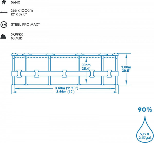 Каркасный бассейн Bestway Steel Pro Max 366х100см, 9150л, фил.-насос 2006л/ч, лестница (5614X BW)